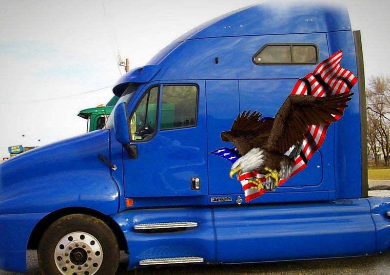 american falg eagle talons vinyl graphics on blue semi trailer